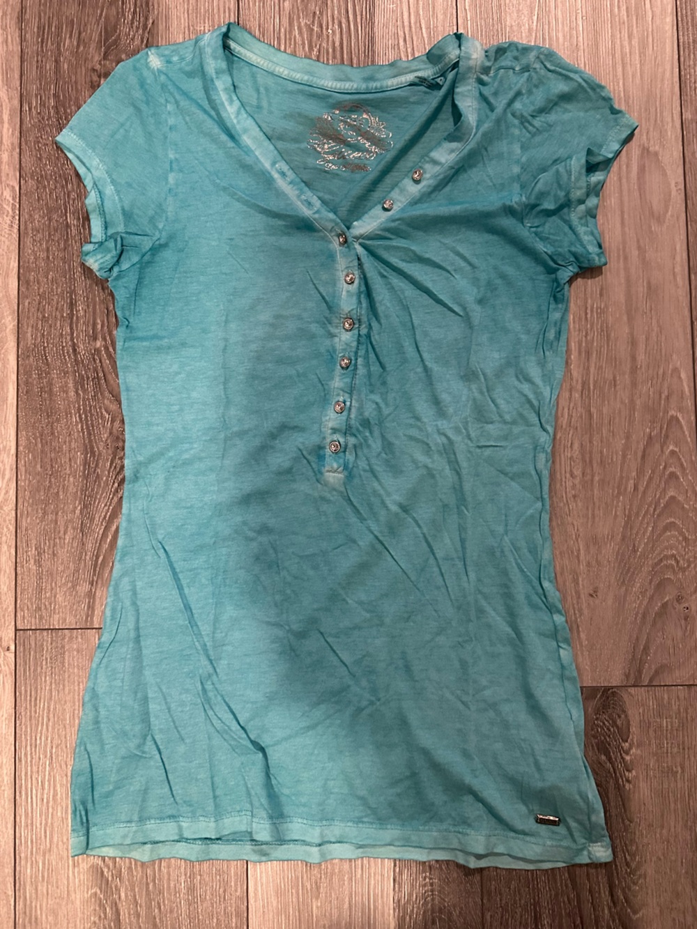 Y2K Turquoise Snap-Button Top - Guess Size Medium